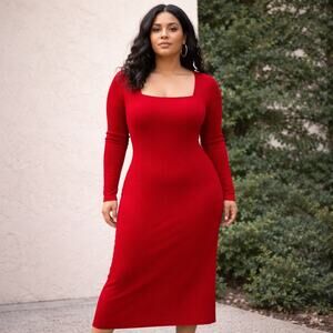 Love Always Red Ribbed Square Neck Bodycon Long Sleeve Midi Dress Sz 2X